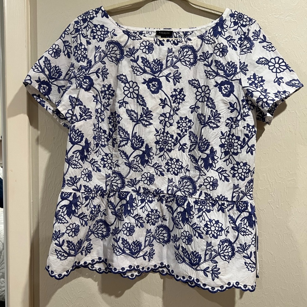 Talbots White and Blue embroidered Floral Blouse
